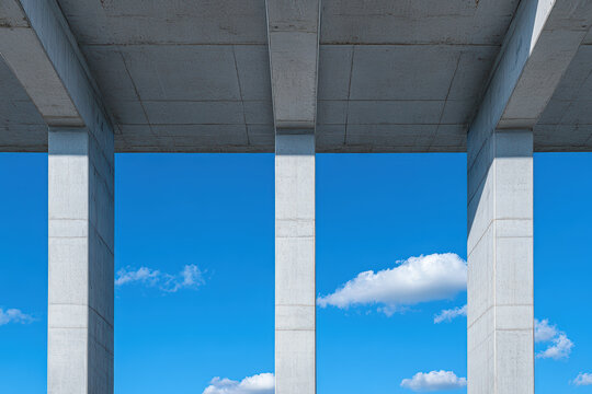 Architectural structure with concrete pillars under a clear blue sky with clouds