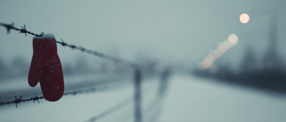 Single red mitten hanging on a snowy barbed wire fence