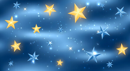 A celestial illustration featuring glowing yellow and blue stars scattered on a gradient blue background.