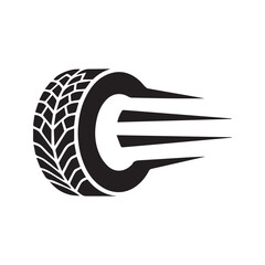 Fast moving tire icon with speed effect. Automotive, car racing, and tire shop logo concept. Black wheel silhouette vector illustration isolated on white background.
