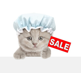 Cute tiny kitten wearing shower cat shows signboard with labeled "sale" above blank white banner. isolated on white background