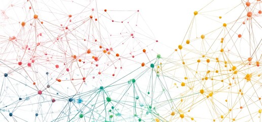 Abstract network graphic.  Colorful interconnected nodes and lines form a complex web