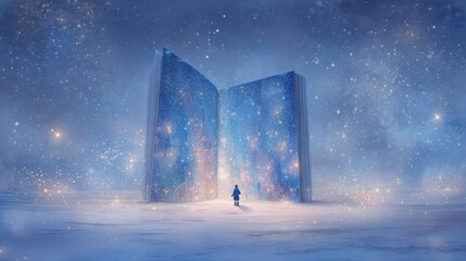 Giant Christmas card flipping pages in a snowy field