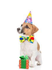 Cute Jack russell terrier puppy wearing party cap and tie bow sits with gift box and looks away and up on empty space. isolated on white background