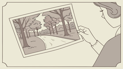 Woman reminiscing treasured memories holding photo of scenic tree-lined road, nostalgic reflection, peaceful moment, keepsake, timeless memories preserved
