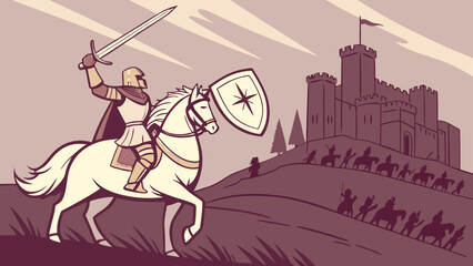 Brave knight riding to defend majestic castle with loyal army, a medieval fantasy scene invoking courage, honor, and the classic battle between good and evil