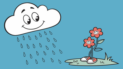 Cheerful cartoon rain cloud showering happy flowers with love and growth, a whimsical springtime design, ideal for children's content, originally a scalable graphic