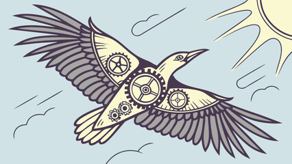 Soaring mechanical bird with gears, a symbol of freedom and innovation, ideal for technology, engineering, and creative design projects, originally vector art