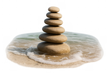 Stacked stones cairn balancing on a sandy beach with ocean waves, symbolizing zen, harmony, and tranquil meditation