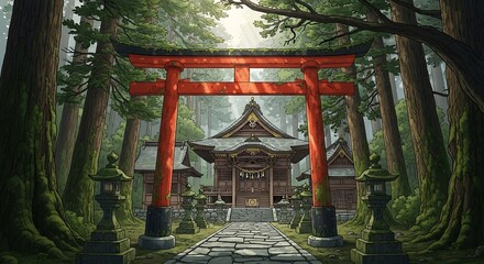 Serene Japanese Shrine Entrance with Torii Gate in Lush Forest.