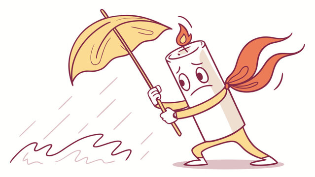 Sad candle character braving the storm with an umbrella, great for illustrating resilience, humor, or weather concepts in a unique and engaging way