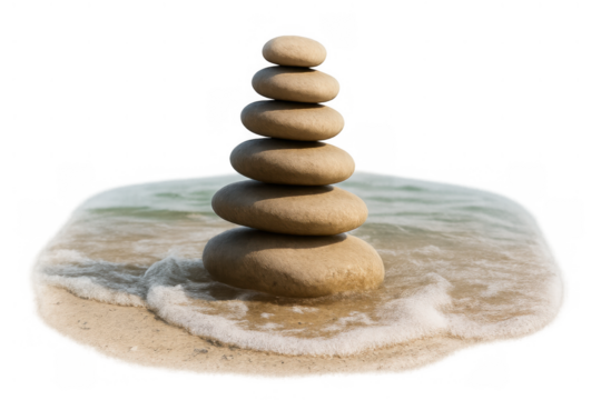 Stacked stones cairn balancing on a sandy beach with ocean waves, symbolizing zen, harmony, and tranquil meditation