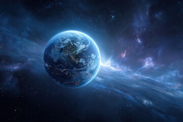 Obraz premium Cosmic View of a Blue Planet Surrounded by Sparkling Nebulae in the Vast Darkness of Space