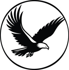 The silhouette of a soaring eagle mid-flight, isolated against a circular sun shape.