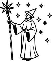The silhouette of a wizard holding a glowing staff, surrounded by small floating stars..
