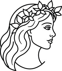 The simple profile silhouette of a woman's face and hair adorned with a crown of flowers.