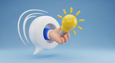 Hand holding a bright yellow lightbulb emerging from a white speech bubble