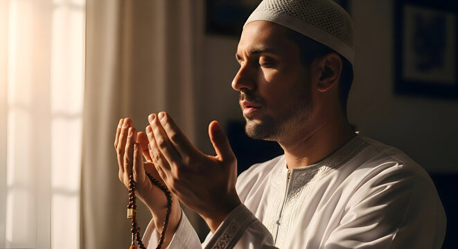 A devoted Muslim man in traditional attire praying with raised hands and prayer beads in warm, spiritual light.