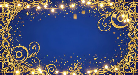 Sparkling gold and blue stars float against a deep blue backdrop with a bright light shining from above, creating a magical and festive atmosphere.