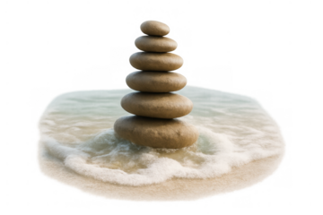 Zen balancing stones cairn standing on wet sand with ocean wave, finding harmony and meditation concept