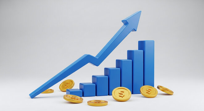 Blue 3d bar graph and arrow showing financial growth and success