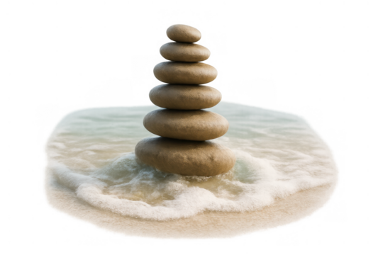 Zen balancing stones cairn standing on wet sand with ocean wave, finding harmony and meditation concept
