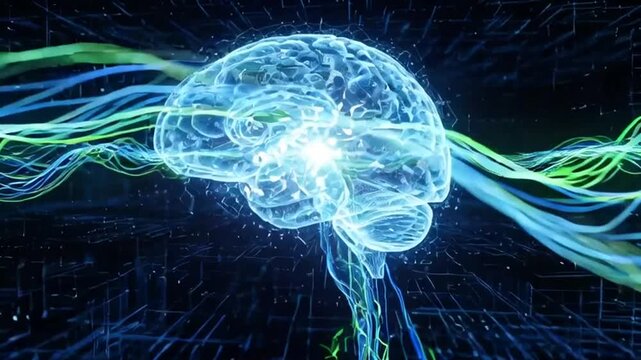 Dynamic glowing human brain visualization with neural network connections and energy waves, representing artificial intelligence and complex thought processes in a futuristic digital landscape