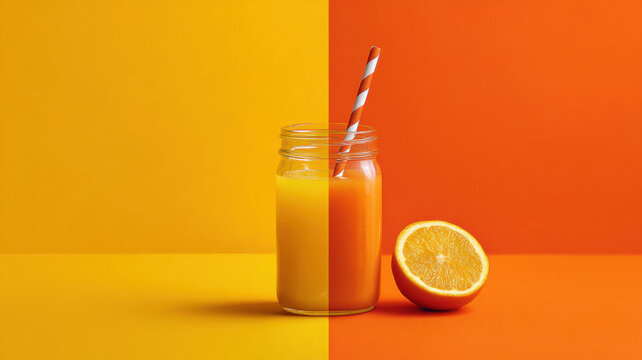 A refreshing juice bottle with orange slice and straw on yellow orange background