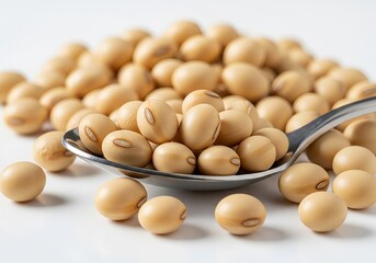 Close-Up Pile of Soybeans with Metal Spoon on White Background