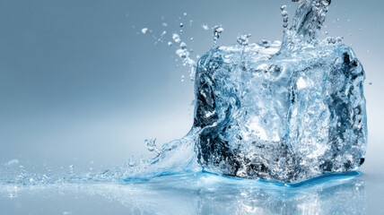 A refreshing cube of ice with water splash