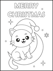 Cute Christmas Kitten Sitting on Moon Coloring Page. Kawaii Cat with Santa Hat. Merry Christmas Line Art for Kids and Adults.