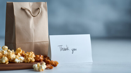 A thank you note alongside a bag, popcorn, a delightful gift concept