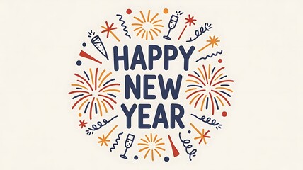Happy New Year circular design with fireworks and party elements celebration holiday