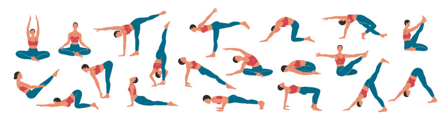 Comprehensive yoga poses collection in flat style. Fitness training and relaxation. Vector clipart for sport websites and apps. Multiple angles and positions.
