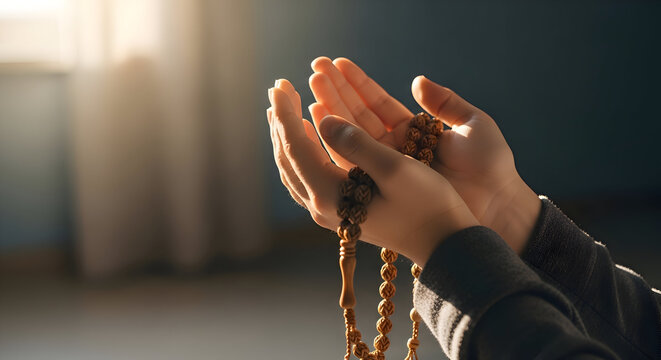 A man in traditional attire praying with hands raised, illuminated by sunlight.