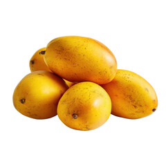 Heap of ripe yellow mangoes with small brown speckles piled together transparent background