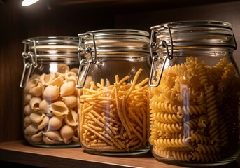 Glass Jars of Pasta on Wooden Shelf — Pantry Storage