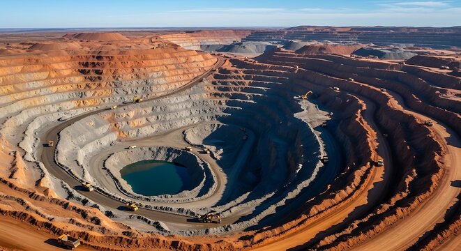 Vast open pit mine with terraced layers and a central water body.