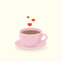 Pink ceramic cup of hot black tea with saucer. Teatime element vector illustration.