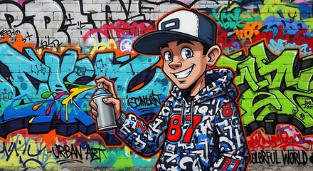 Smiling Cartoon Boy with Spray Can Creating Graffiti Art.
