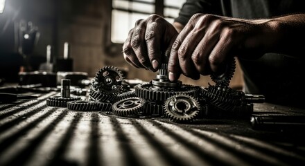 Skilled hands meticulously assembling complex metal gears in a dimly lit workshop setting