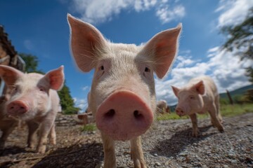 Free range pigs exploring a farmyard under a bright blue sky with scattered clouds during a sunny afternoon