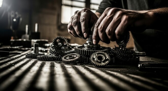 Skilled hands meticulously assembling complex metal gears in a dimly lit workshop setting