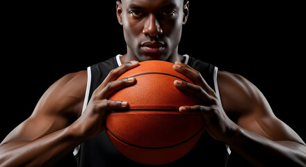 Close up of serious african american basketball player holding ball in front of black background