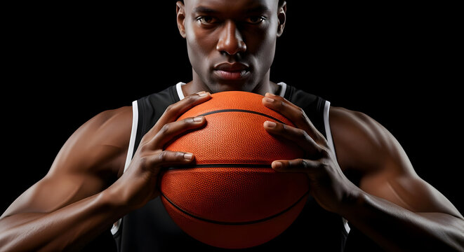 Close up of serious african american basketball player holding ball in front of black background - Powered by Adobe