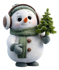 Cute snowman holding a small christmas tree isolated on transparent background snowman with scarf isolated on transparent 