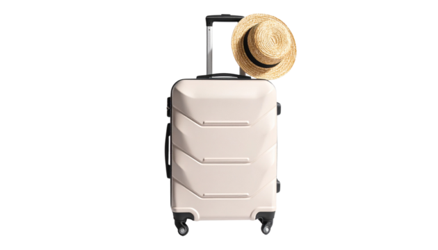 Rolling suitcase with extended handle and straw hat hanging from it, isolated on transparent background