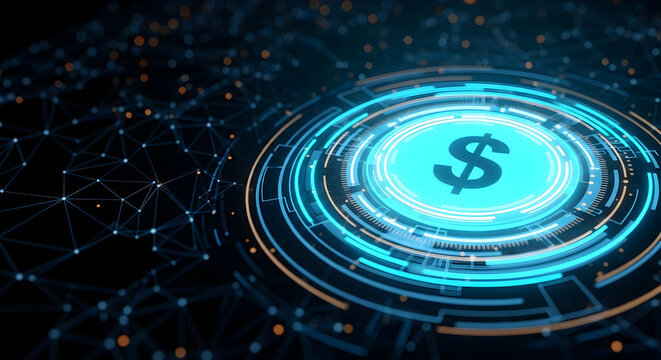 Digital dollar sign with glowing neon lights and futuristic technology background for online finance concept