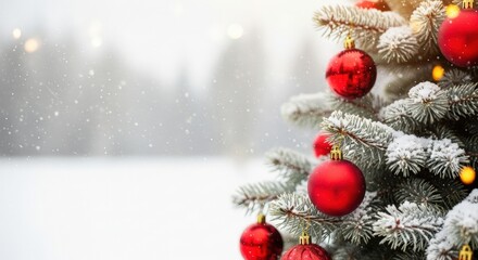 Christmas & xmas holidays concept. Red balls on fir branches, winter snowy backdrop. festive winter background.