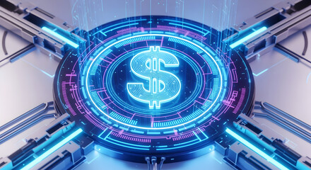 Futuristic dollar sign with neon lights and digital effects representing modern finance and technology
